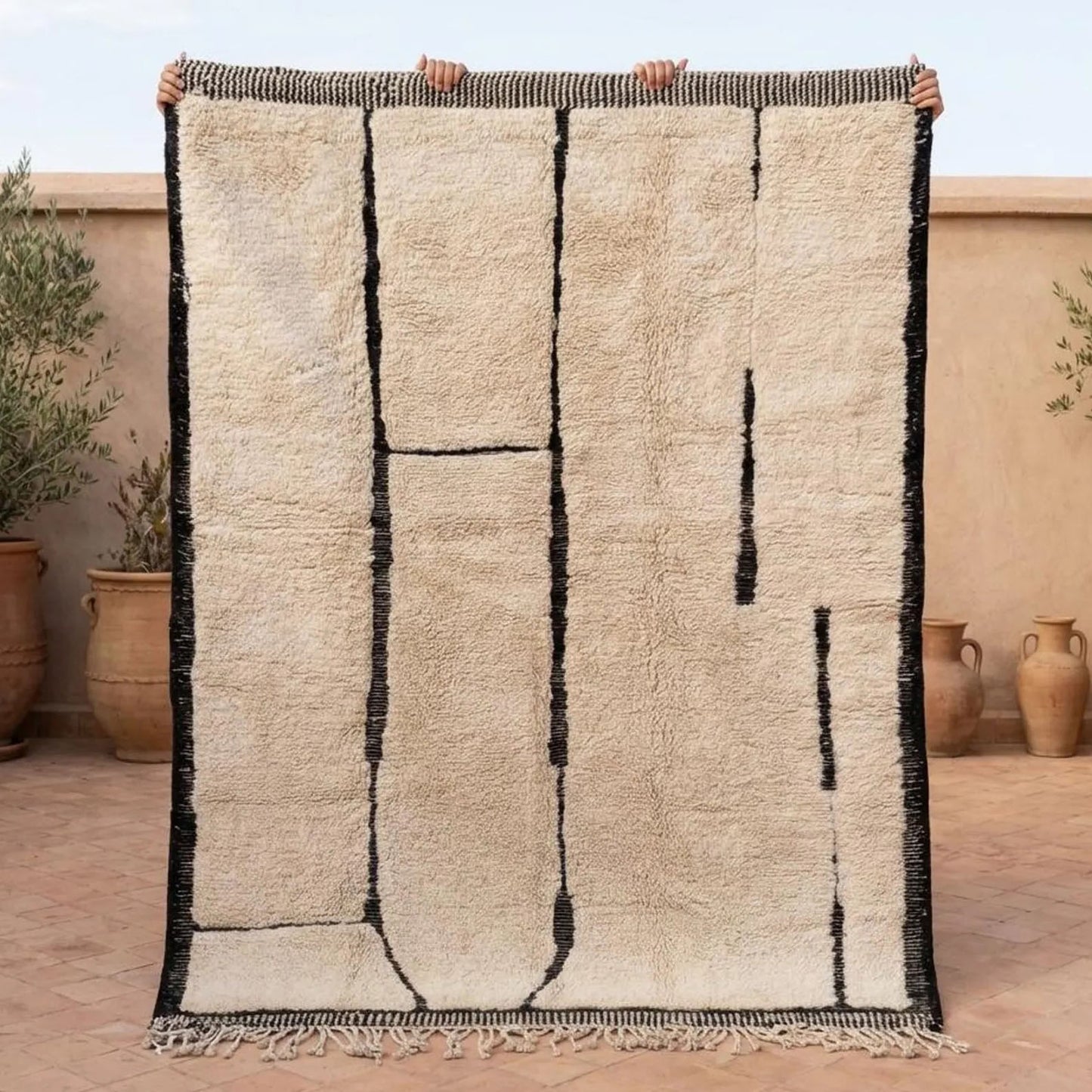 Handmade Moroccan Beni Ourain Rug, Black and White Geometric Wool, 4x6 ft