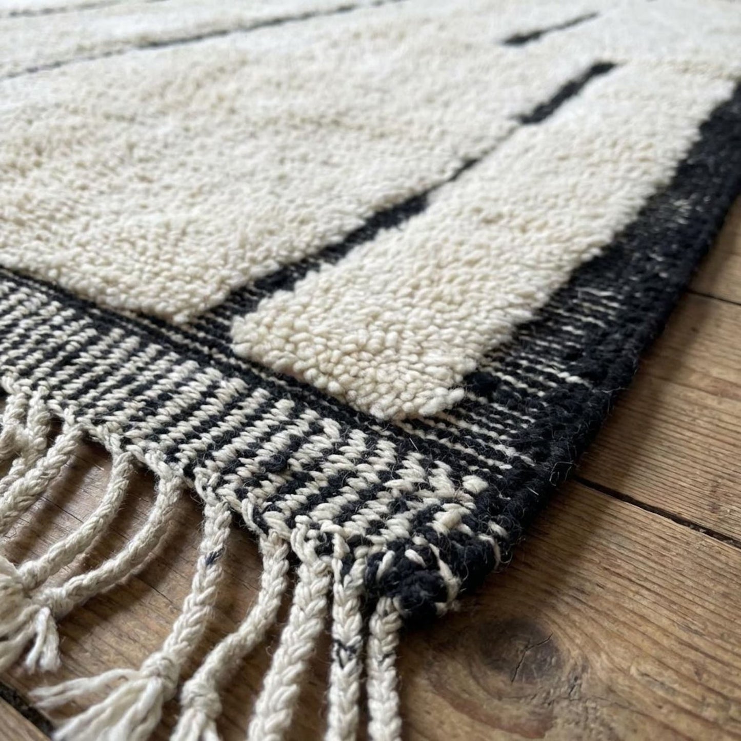 Handmade Moroccan Beni Ourain Rug, Black and White Geometric Wool, 4x6 ft