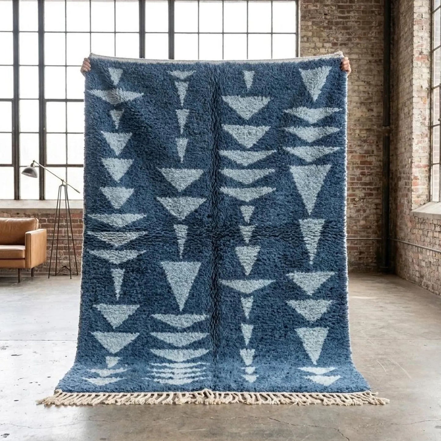Handmade Moroccan Berber Rug, Blue and Light Blue Triangle Pattern, 4x6 ft