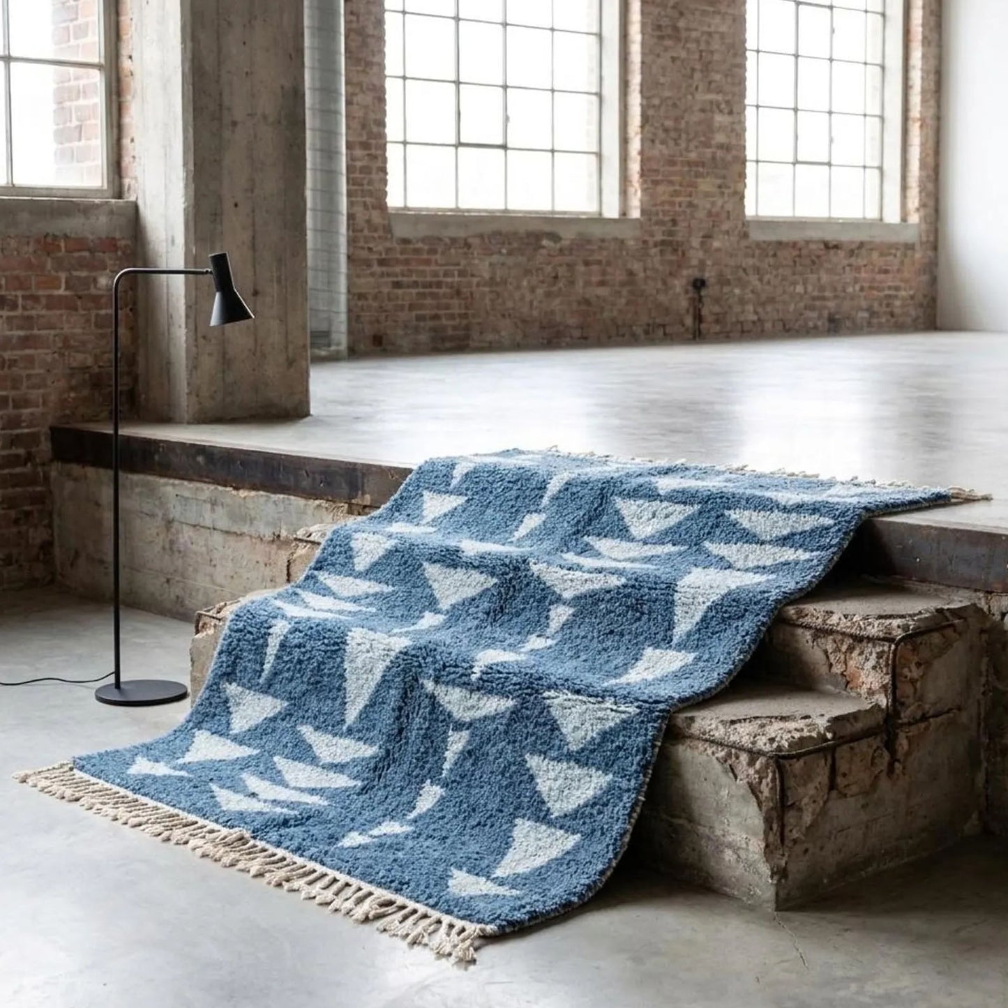 Handmade Moroccan Berber Rug, Blue and Light Blue Triangle Pattern, 4x6 ft