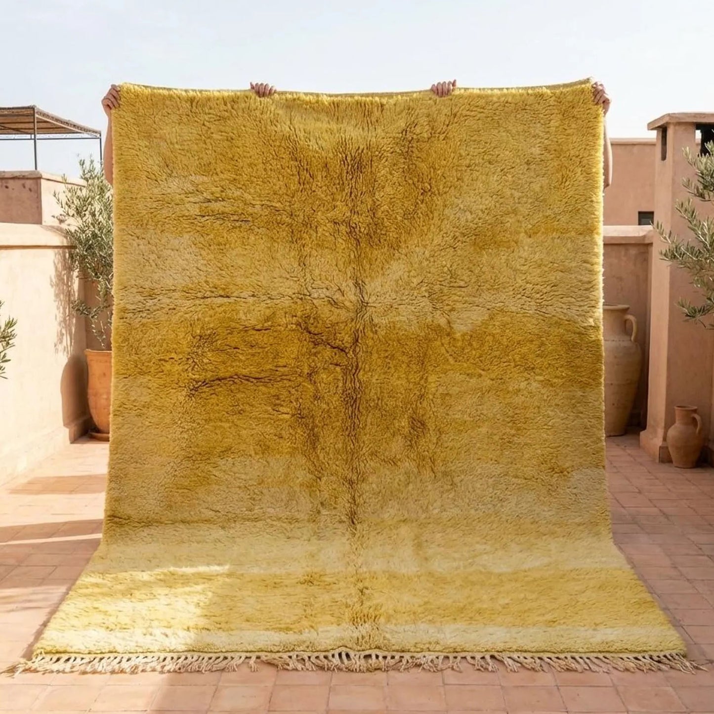 Handmade Moroccan Berber Rug, Mustard Yellow Shag, 4x6 ft