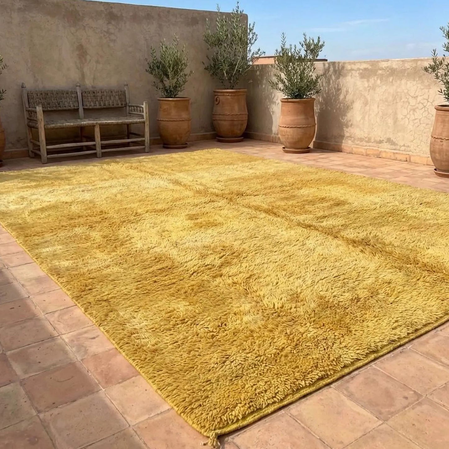 Handmade Moroccan Berber Rug, Mustard Yellow Shag, 4x6 ft