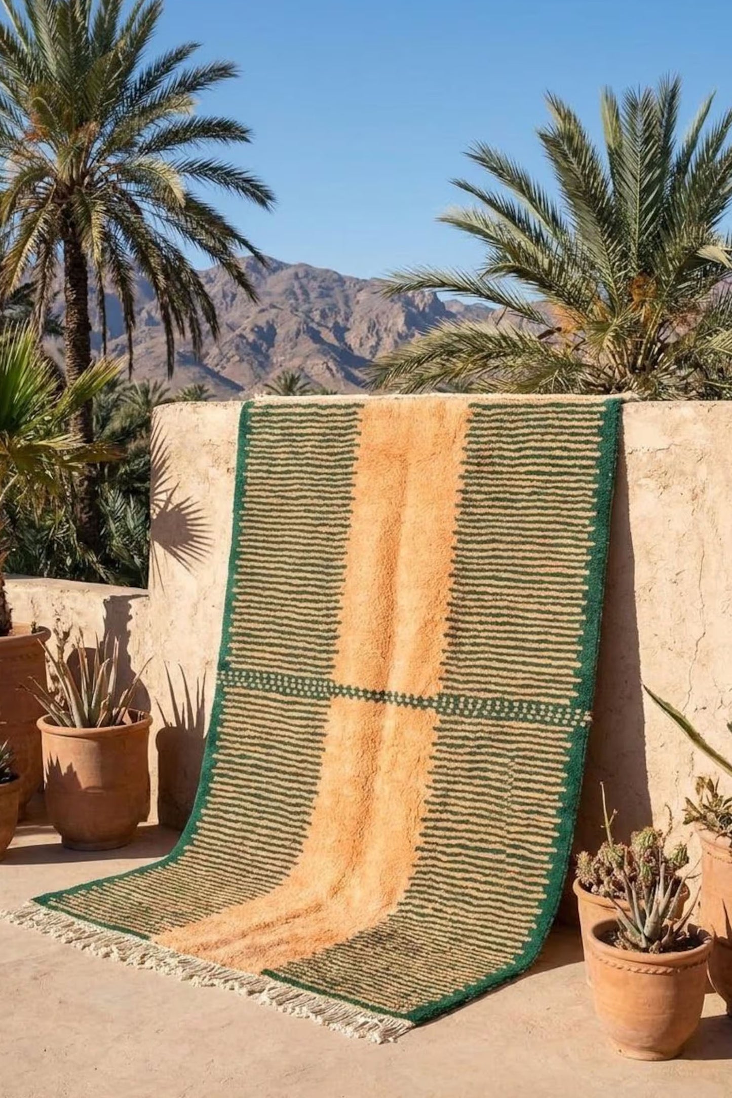 Handmade Moroccan Berber Rug, Orange and Green Striped Shag, 4x6 ft