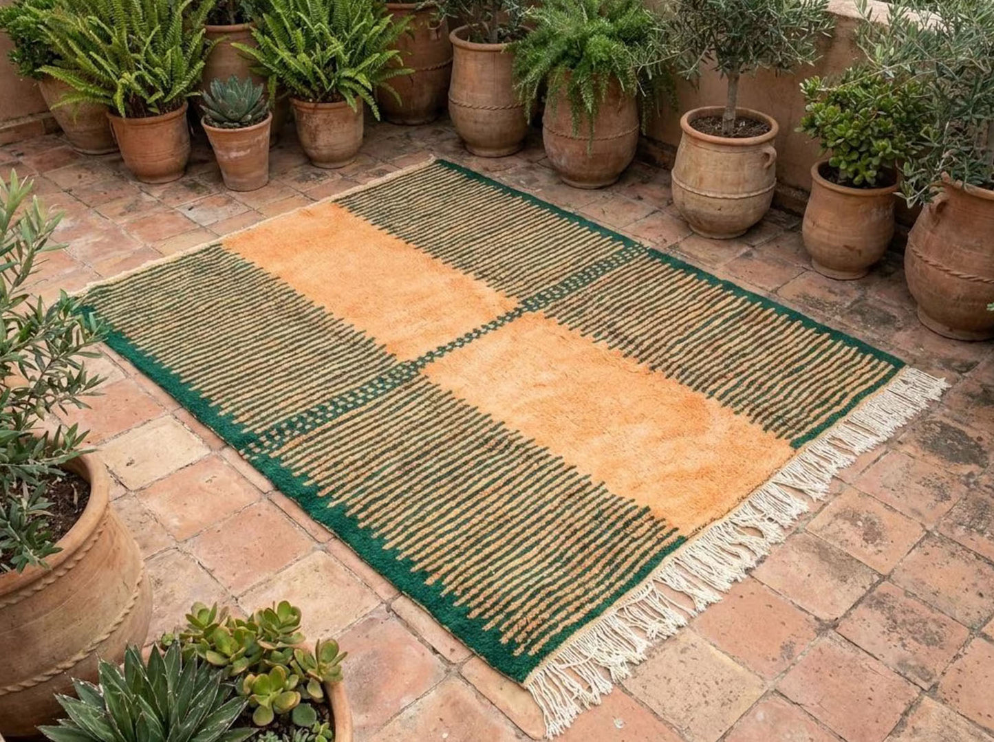 Handmade Moroccan Berber Rug, Orange and Green Striped Shag, 4x6 ft