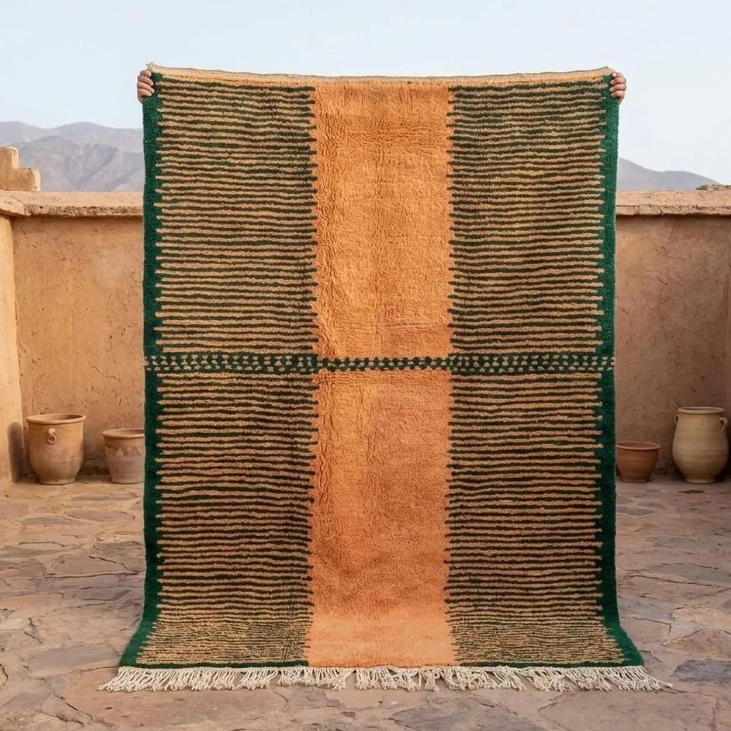 Handmade Moroccan Berber Rug, Orange and Green Striped Shag, 4x6 ft