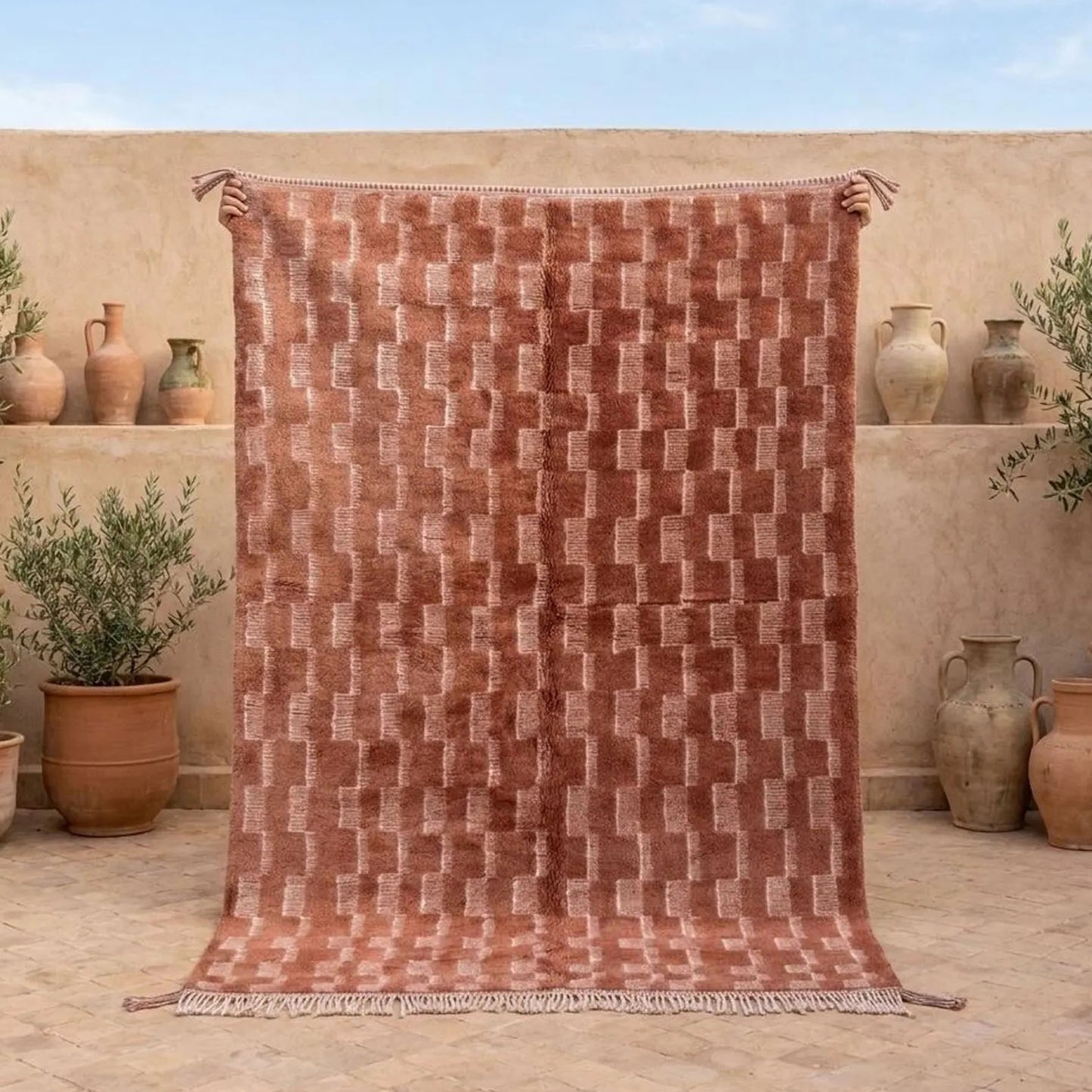 Handmade Moroccan Berber Rug, Sienna Rust Abstract Step Pattern, 4x6 ft