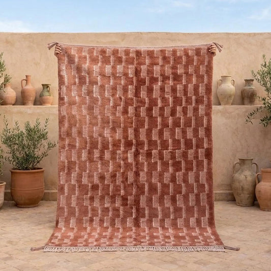 Handmade Moroccan Berber Rug, Sienna Rust Abstract Step Pattern, 4x6 ft