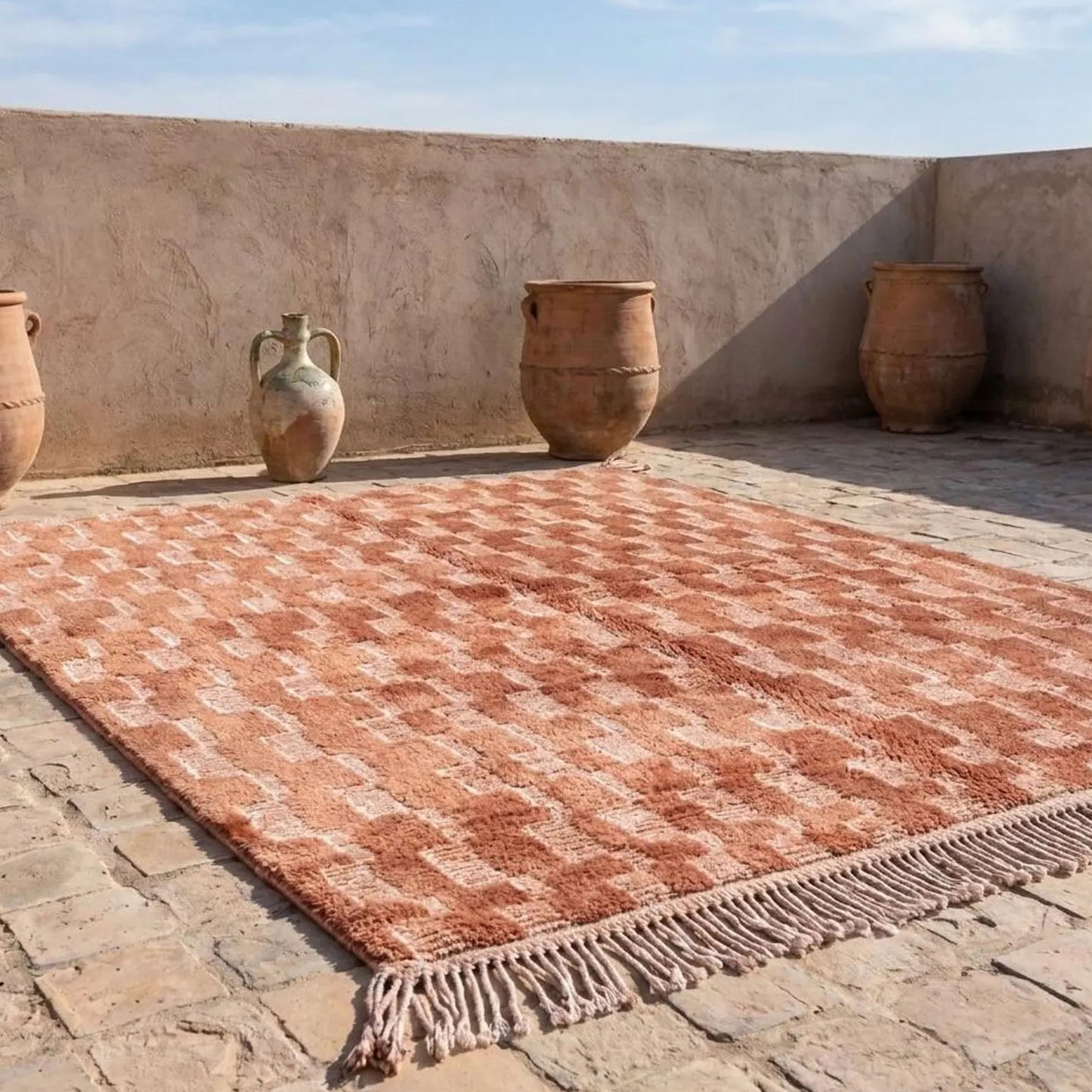 Handmade Moroccan Berber Rug, Sienna Rust Abstract Step Pattern, 4x6 ft