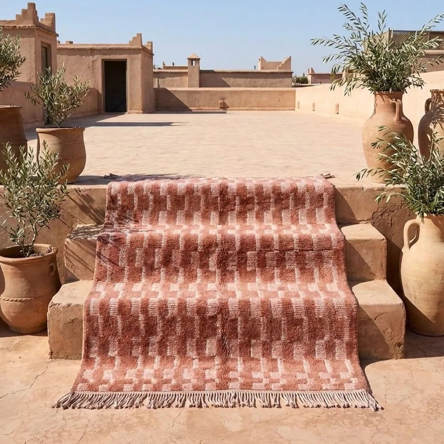Handmade Moroccan Berber Rug, Sienna Rust Abstract Step Pattern, 4x6 ft